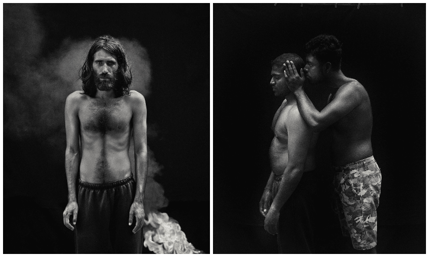 (Left) Hoda Afshar, Portrait of Behrouz Boochani, from the series Remain, 2018. Courtesy of the artist and Milani Gallery, Brisbane. (Right) Hoda Afshar, Portrait of Shamindan & Ramsiyar, from the series Remain, 2018. Courtesy of the artist and Milani Gallery, Brisbane. 
