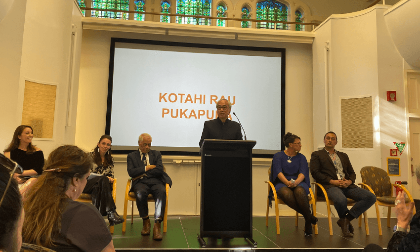 Witi Ihimaera speaks at the launch of Kotahi Rau Pukapuka. Photo: The Spinoff. 
