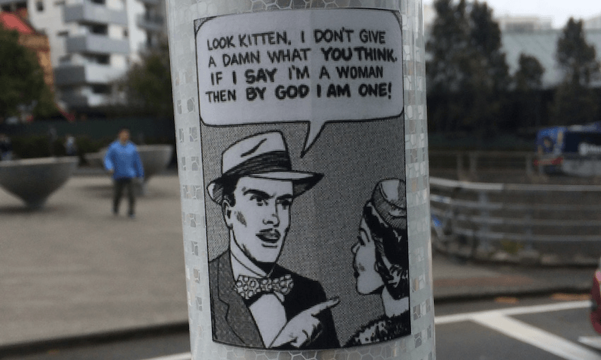 An anti-trans sticker spotted at the University of Auckland campus. Image: supplied 
