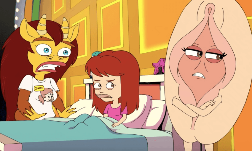 A 13 year old discusses masturbating with her hormone monster and her genitals in Big Mouth 
