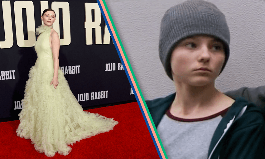 Thomasin McKenzie at the Jojo Rabbit premiere in LA on October 15, 2019 (Getty Images) / Thomasin as Pixie in Shortland St, 2015. 
