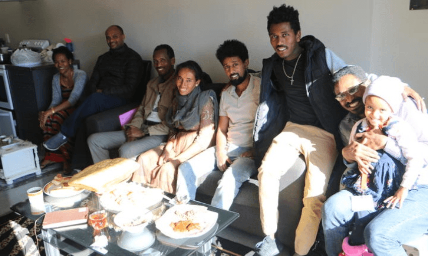 Eritrean refugees resettled in Christchurch. L-R. Kesete’s wife, Nimrud, Kesete, Okub, Gidawn, Kesete’s brother and Aki (holding Kesete’s child). Photo: RNZ / Sara Vui-Talitu 
