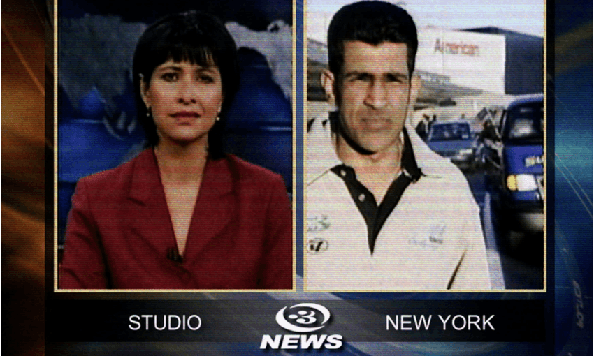 Me, aged 21 and with a lot more hair, reporting for 3News from JFK Airport in New York following the crash of American Airlines 587. I still have the monogrammed sweatshirt (12 November 2001) 
