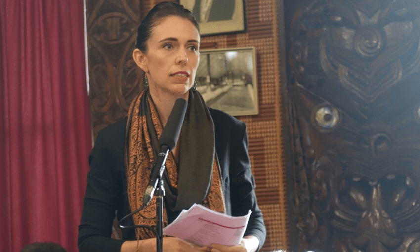 PM Jacinda Ardern speaking at Owae Marae in Waitara (Radio NZ, Robin Martin)