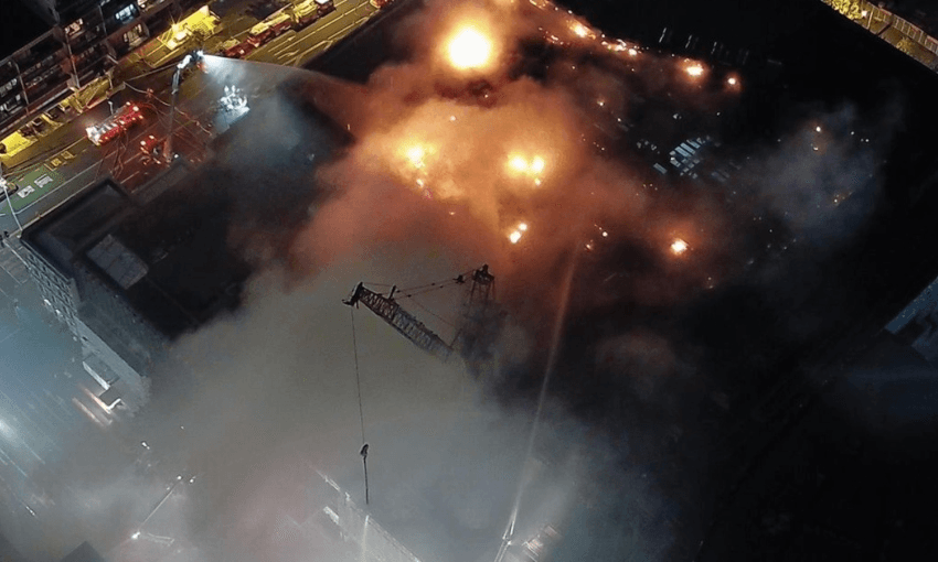 The roof of the SkyCity Convention Centre on fire last night (Image: NIWA Weather) 
