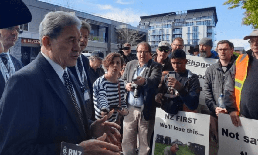 Winston Peters talks to gun owners protesting in Christchurch. (Photo: RNZ / Jo Moir) 
