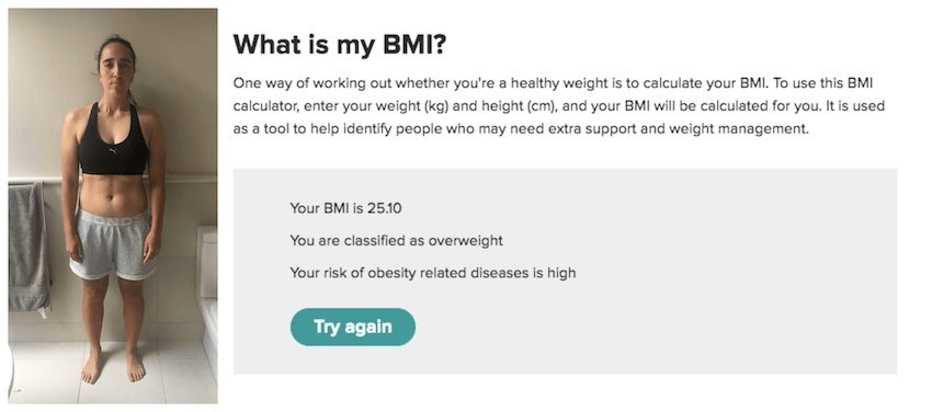 Image of person on left with BMI reading on right showing an overweight classification