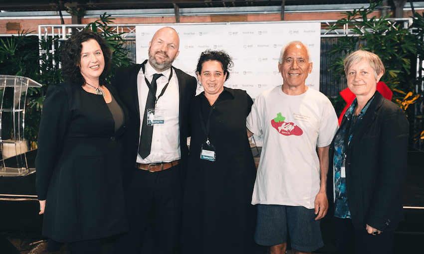 Angela Clifford of Eat New Zealand, Manaia Cunningham, Jessica Hutchings, Te Rangikaheke Kiripatea and Jo Smith at the Food Hui (Photo: Supplied) 
