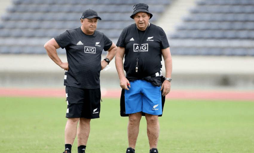 Ian Foster and Steve Hansen at an All Blacks training session in Japan. (Photo by Hannah Peters/Getty Images) 
