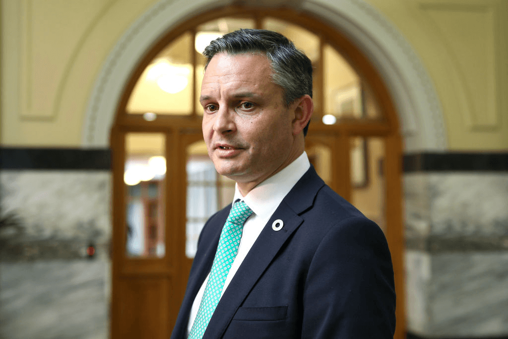 James shaw, a man with a green tie, dark suit, short grey-dark hair and a slight smile, stands in a Parliament corridor