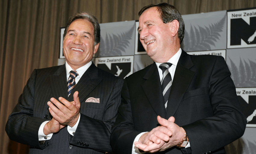 Winston Peters, pictured with then MP Doug Woolerton who later went on to be an NZ First Foundation trustee, at the party conference in 2008. (Getty Images) 
