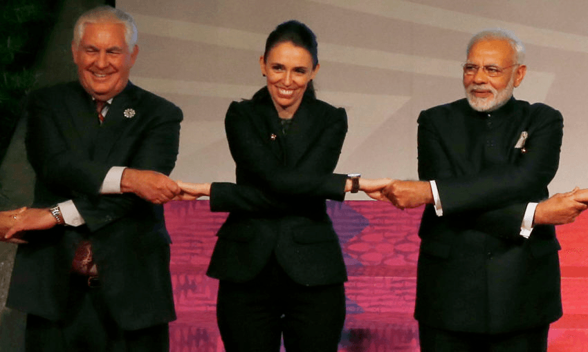 At the 2017 East Asia Summit in the Philippines, New Zealand Prime Minister Jacinda Ardern, flanked by then US State Secretary Rex Tillerson and Indian Prime Minister Narendra Modi Photo: BULLIT MARQUEZ/AFP via Getty Images 
