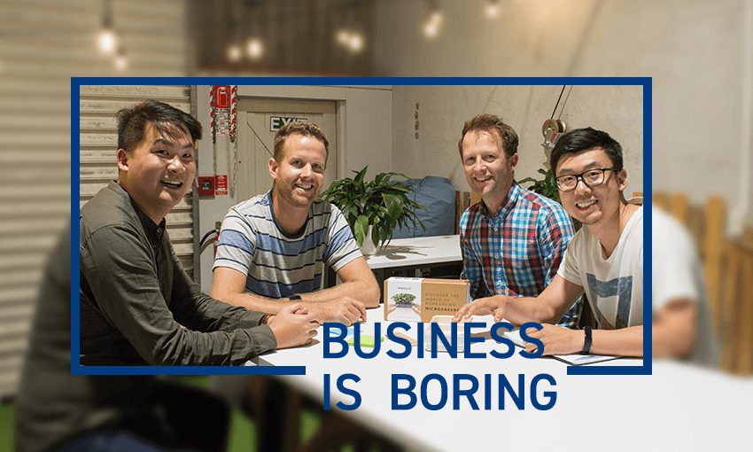 Ollie (second from left) and Jeff (far right) with the Micropod team. Photo: supplied. 
