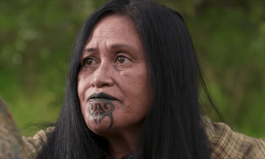Louise Smith as Keita, the kuia that defied the Crown’s surveyors. Image: RNZ 
