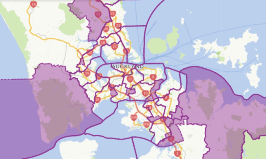 Proposed new Auckland electorate boundaries, with changes overlaid in purple (via Electoral Commission)  
