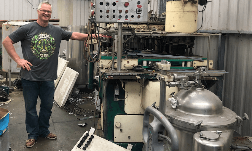 Carl Vasta and his old brewing equipment at Tuatara’s original brewery in Reikorangi (Photo: Alice Neville) 
