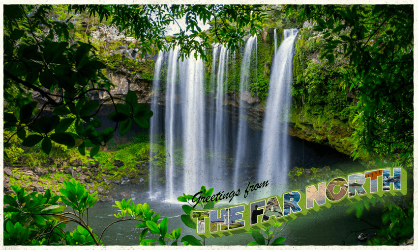 Kerikeri's famous Rainbow Falls, framed by native bush. Overlaid with the caption "Greetings from The Far North"