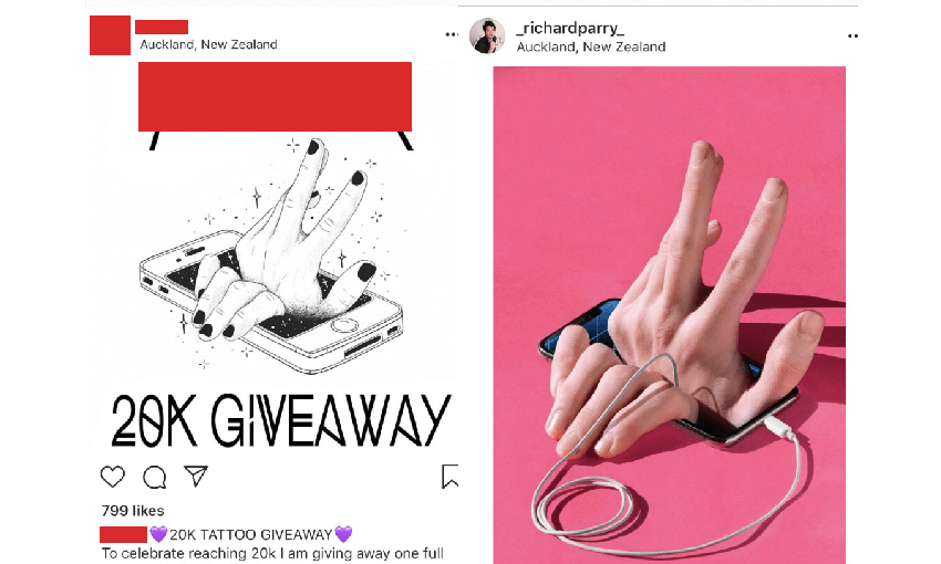 on the right, a photograph of hands coming out of a cellphone. on the left, a traced version of the photograph styled for tattooing.