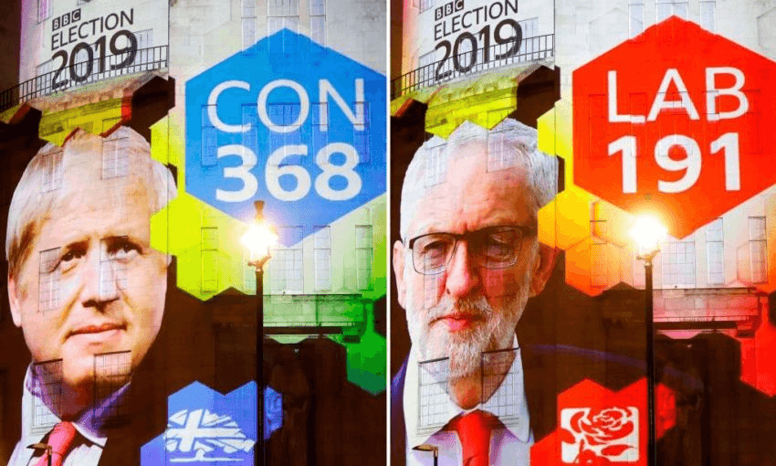 The BBC exit poll results were projected on the outside of its London HQ. (Photo by TOLGA AKMEN/AFP via Getty Images) 
