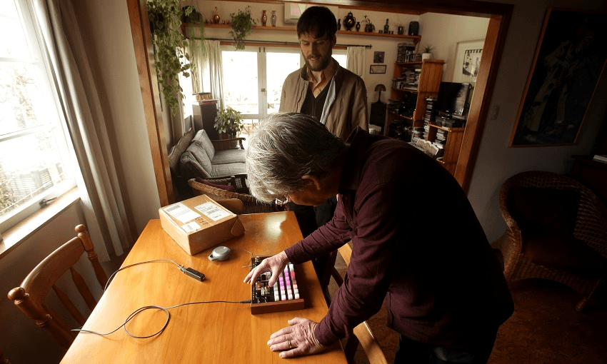 Rohan Hill showing the first test production unit to NZ audio legend Paul Crowther. (Photo: Supplied.) 
