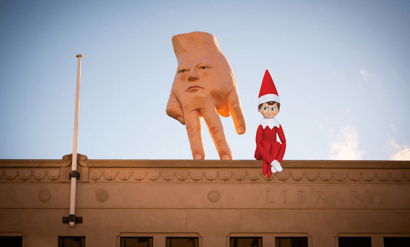 Elf on a shelf drops in on Quasi and makes a new bestie. 
