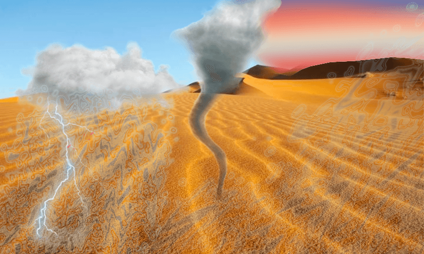 a desert is struck by lightening, rain, and a tornado