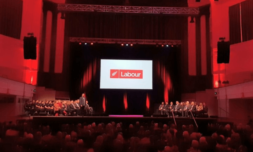 The red-lit Dunedin Town Hall, the venue for the 2018 Labour party conference. (Photo: RNZ / Chris Bramwell) 
