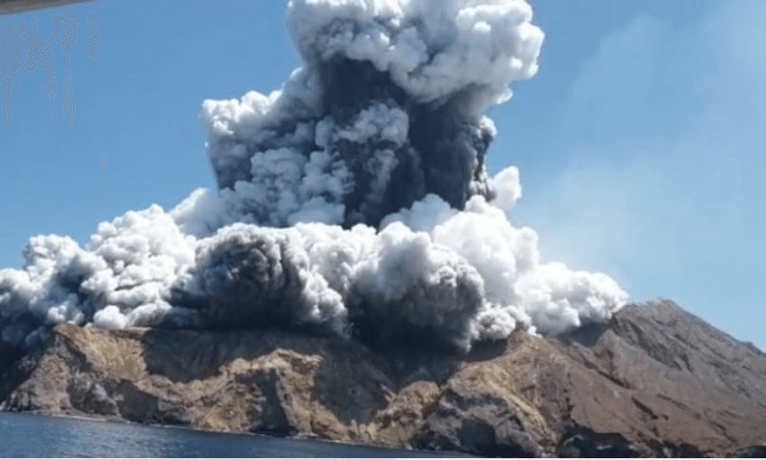 Whakaari/White Island as it erupted this afternoon, in a still from footage provided to The Spinoff 
