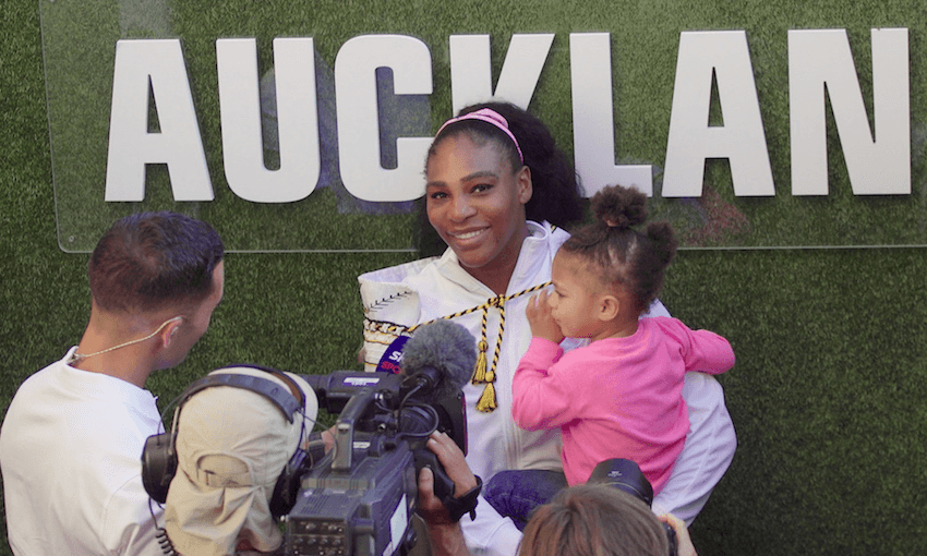 Serena Williams with her daughter after winning the 2020 aSB Classic (Image: The Spinoff) 
