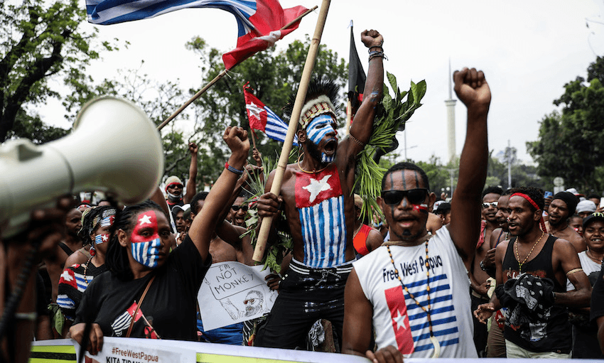 Papuan students during a rally in Jakarta, Indonesia, on August 28, 2019 (Photo: Andrew Gal/NurPhoto via Getty Images) 
