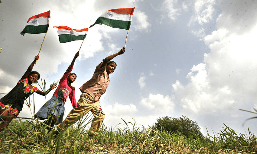 Children celebrate Indian independence day. (Photo by Arun Sharma/Hindustan Times via Getty Images) 
