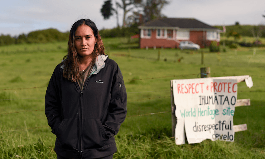 Pania Newton on the whenua at Ihumātao (Photo: Nicole Hunt) 
