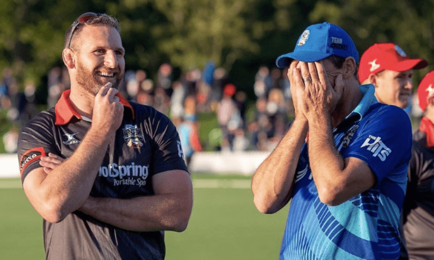 Kieran Read and former Black Caps captain Stephen Fleming, the latter possibly learning that his awful shot to get out in the T20 Black Clash was televised (via Facebook) 
