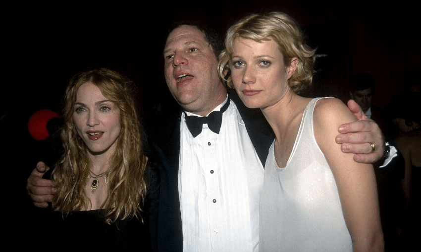 Madonna, Harvey Weinstein and Gwyneth Paltrow at the 1998 Golden Globes after-party. Image: Patrick McMullan, Getty.  
