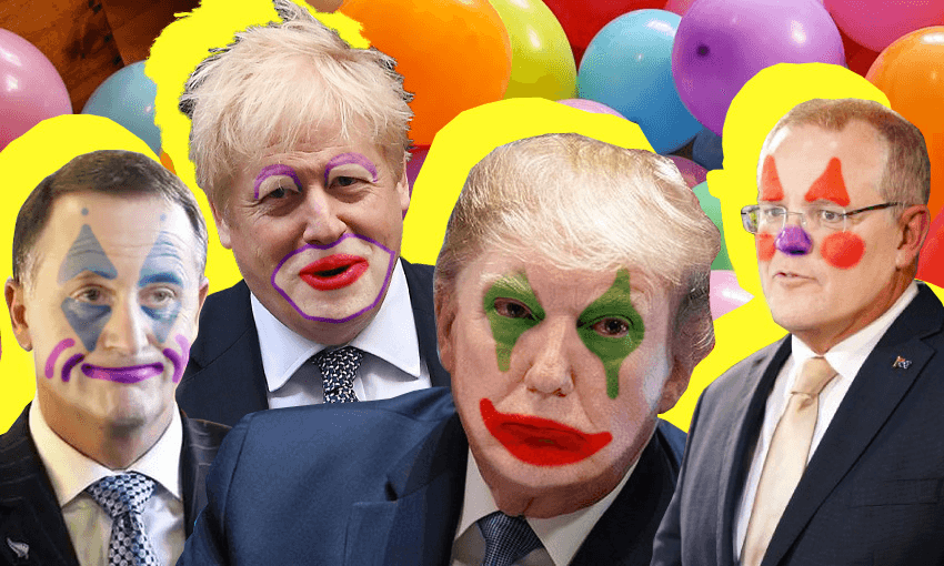 John Key, Boris Johnson, Donald Trump and Scott Morrison in clown makeup 
