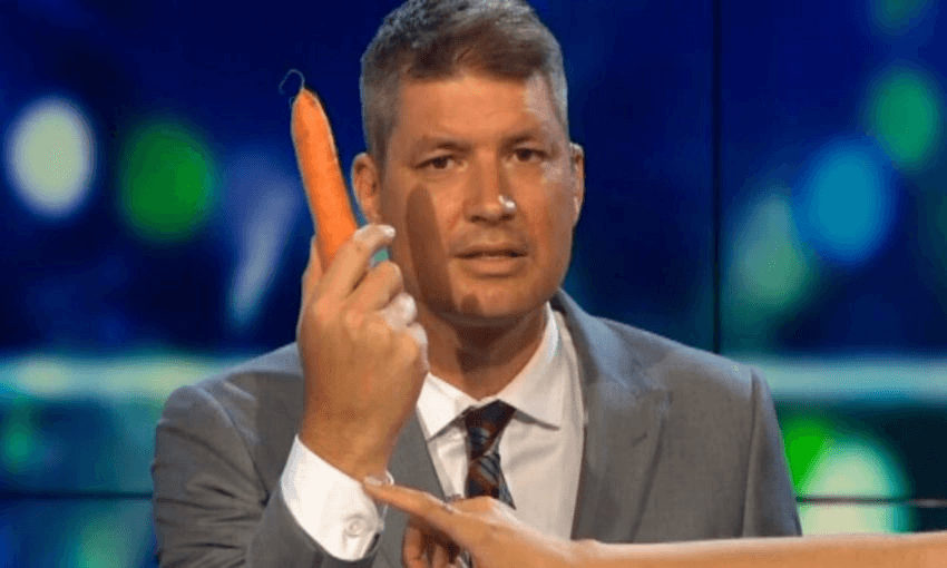 Jesse Mulligan launches his path to hotness, live on TV, with a carrot.  

