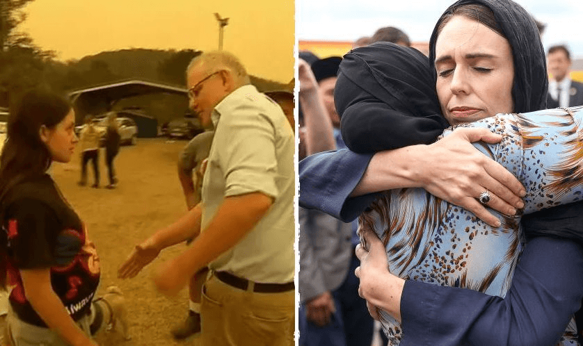 Scott Morrison and Jacinda Ardern have responded markedly differently to disaster. Images: Screengrab; Hagen Hopkins/Getty Images 
