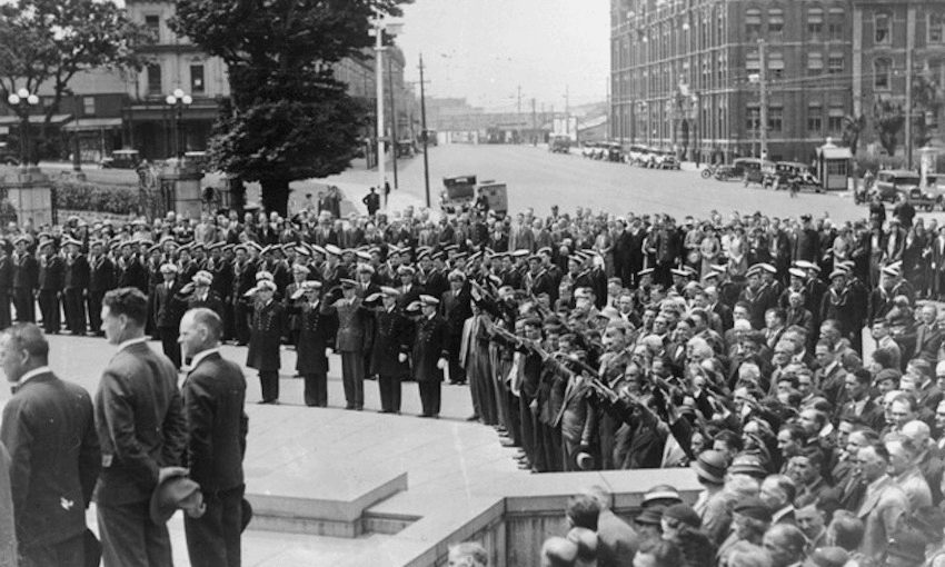 The crew of Armando Diaz, other fascists and the RSA rallying at Wellington’s cenotaph in November 1934 (Photo: PAColl-7081-16. Alexander Turnbull Library, Wellington, New Zealand. /records/23124270) 
