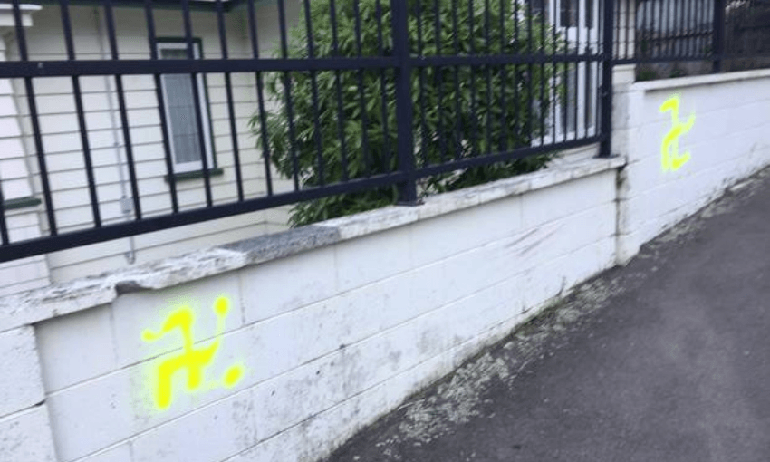 Swastikas painted on the fence outside the Wellington Jewish Progressive Congregation. (Photo / Supplied.) 
