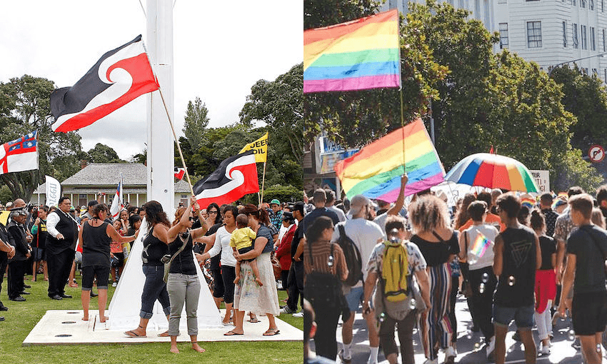 Waitangi Day at the Treaty Grounds; and Auckland Pride marchers on Queen St (Photos: Getty Images; Sam Sutherland) 
