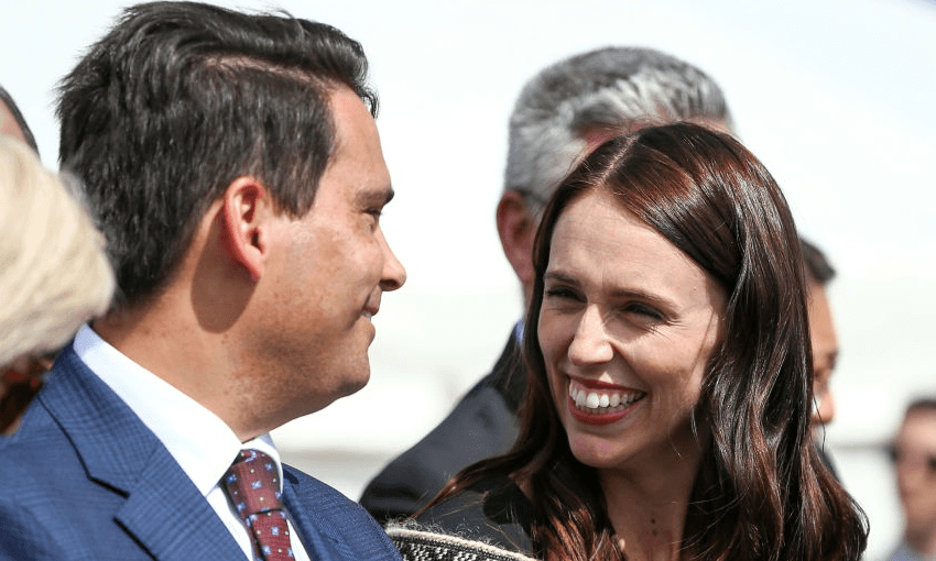 A moment of levity between Jacinda Ardern and Simon Bridges at Rātana, February 10 2020 (Photo: Getty Images) 
