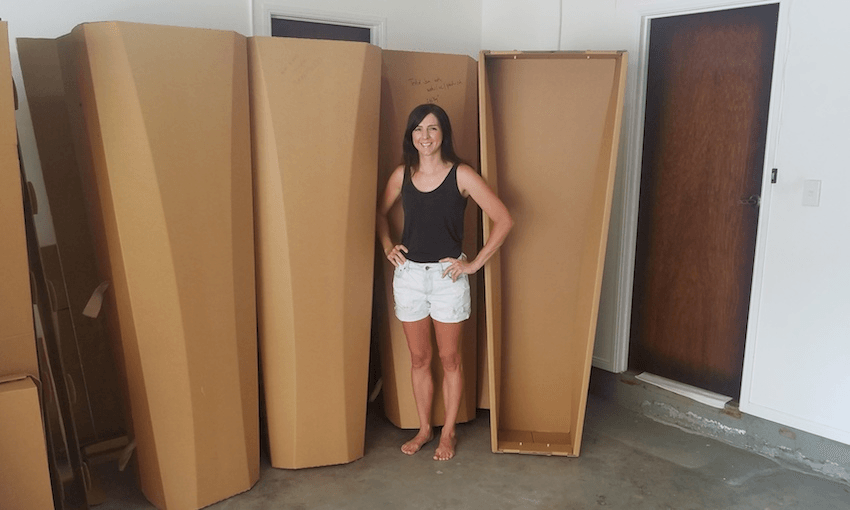 Becs Bartells in her garage with prototypes feature