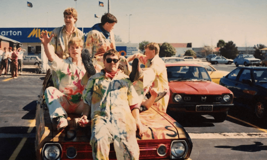 Matt McCloy with the rest of his crew, and Doris the car, at the start of the 1988 Undie 500 at The Bush Inn in Christchurch (Photo supplied) 

