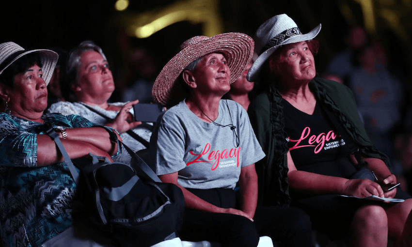The crowds listen to the Waitangi Day service from outside the marae (Photo: Fiona Goodall/Getty Images) 
