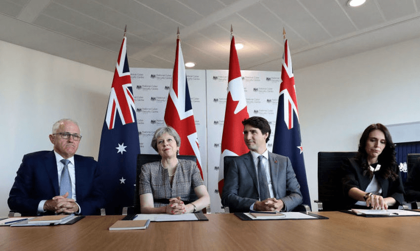 The leaders of government of the CANZUK nations in 2018. Malcolm Turnbull is long gone. So is Theresa May. Jacinda Ardern and Justin Trudeau remain in office. (Photo by Jack Taylor/Getty Images) 
