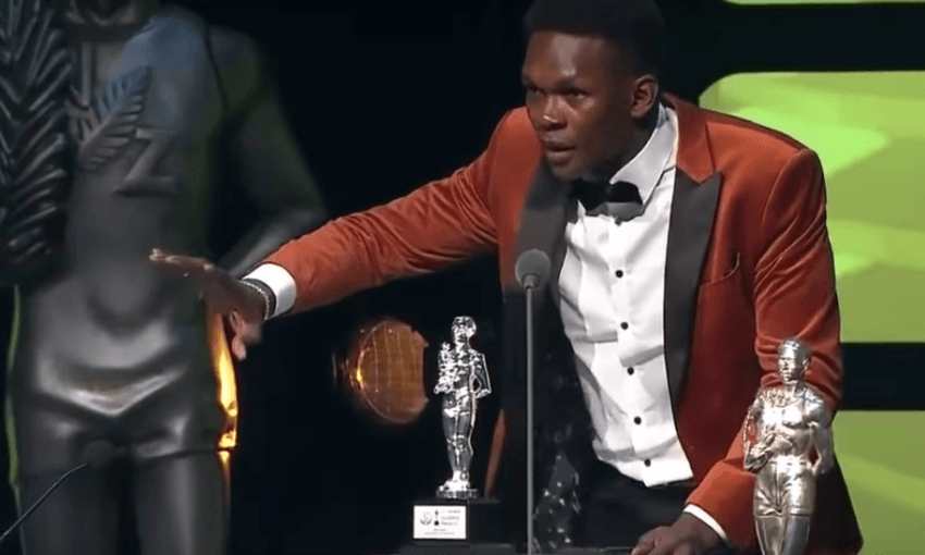 Israel Adesanya making his victory speech at the Halberg Awards (Image: Sky Sport NZ) 
