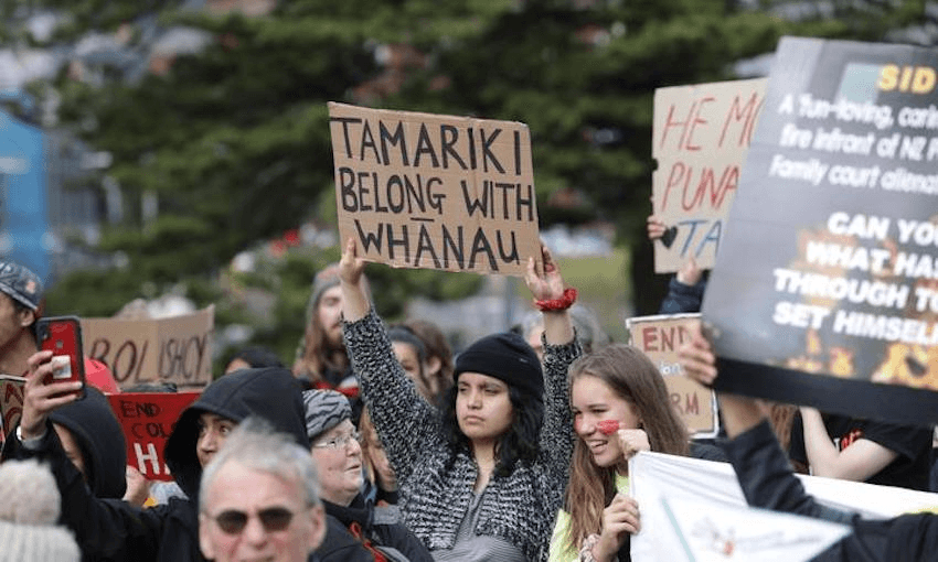 Wellington protesters at a rally in July 2019 against Oranga Tamariki’s removal of Māori children from whānau (Photo: RNZ/Ana Tovey) 
