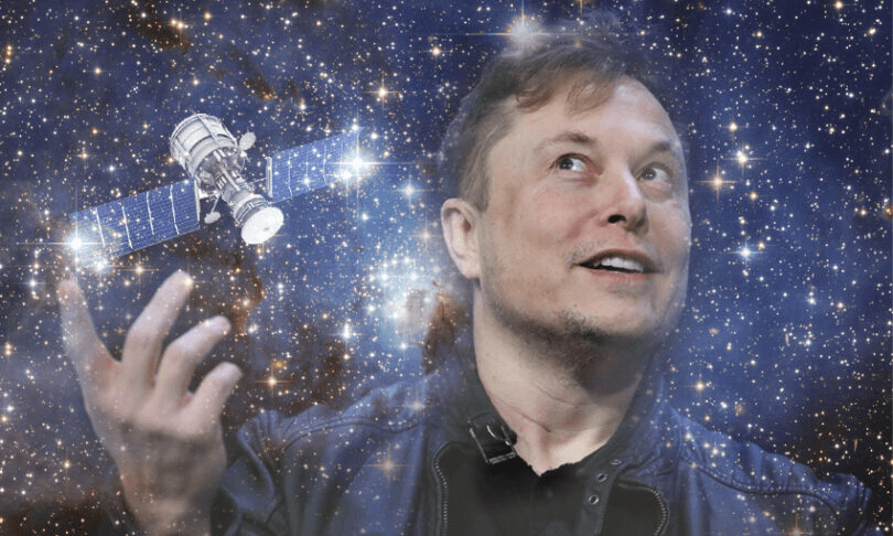 elon musks spurious face on a star background filled with a big ol' satellite.