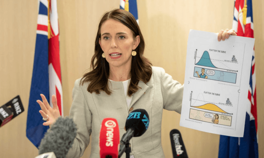 Jacinda Ardern with a print-out of the Spinoff ‘Flatten the Curve’ visual(Photo: Dave Rowland/Getty Images) 
