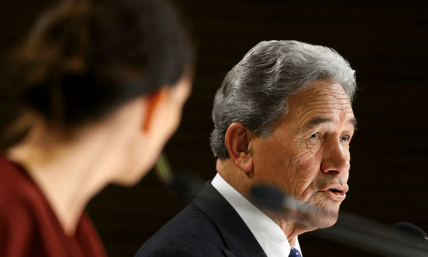 Jacinda Ardern and Winston Peters at a Covid-19 press conference. (Photo: Hagen Hopkins/Getty Images) 
